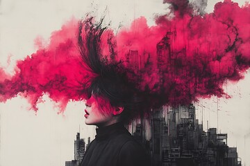 Obraz premium A woman with flowing pink hair merges with a dark cityscape in a surreal, artistic portrait.