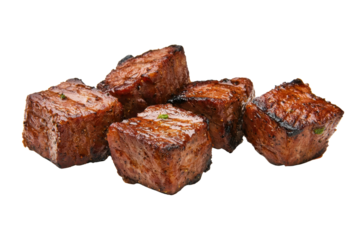 A Juicy grilled beef cubes seasoned with herbs, showcasing delicious and savory texture. Perfect for barbecue or gourmet meal, these tender pieces are mouthwatering and flavorful