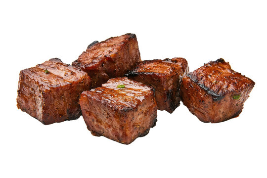 A Juicy grilled beef cubes seasoned with herbs, showcasing delicious and savory texture. Perfect for barbecue or gourmet meal, these tender pieces are mouthwatering and flavorful