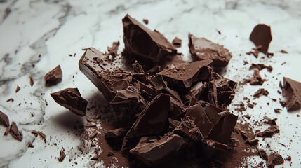 Fototapeta premium A dramatic image of a chocolate cake crumbling onto a smooth marble surface, with chocolate shards flying through the air. The contrast between the dark chocolate and marble creates a striking visual.