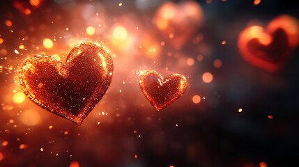 Obraz premium Colorful sparkling hearts floating in a dreamy background for Valentine's Day celebration