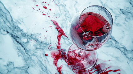 A dramatic image of a glass of red wine spilling onto a smooth marble surface, creating a vibrant red stain. The contrast between the dark red wine and cool, white stone is visually striking.