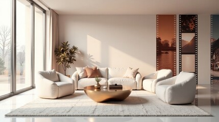 Fototapeta premium Modern minimalist living room interior design featuring a cream-colored sectional sofa, two armchairs, a low gold coffee table, and a film reel wall art accent.