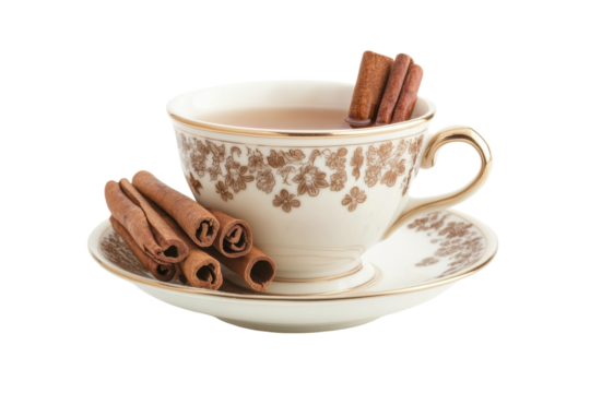 Warm cinnamon tea served in an elegant floral cup with added sticks of fragrant spice