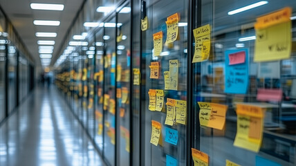 Sticky Note Brainstorming: A hallway lined with glass partitions covered in colorful sticky notes, buzzing with ideas and collaborative energy.
