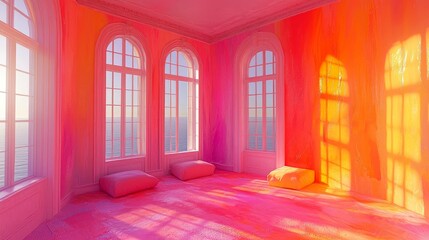 Fototapeta premium Pink Ocean View Room: Minimalist Interior Design, Vibrant Colors, Serene Atmosphere, Modern Architecture, Abstract Art