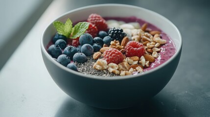 Vibrant smoothie bowl topped with nuts seeds and berries kitchen setting food photography bright natural light healthy lifestyle