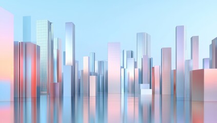 Abstract Cityscape with Holographic Skyscrapers and Water Reflections in Light Blue and Purple Pastel Colors, Creating Ethereal Atmosphere