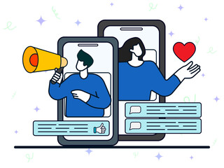 Media promotion concept. Woman and male using smartphone to push advertising on social media. Social network, sharing content, viral media, comment and like, digital marketing. 