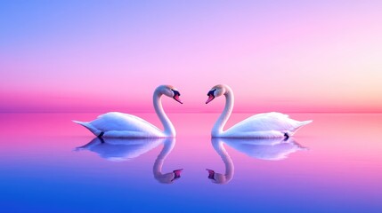 Fototapeta premium Two graceful swans facing each other on a calm lake at sunset, reflected in the water.