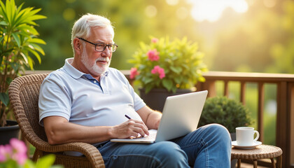 Elderly man writing on a laptop in sunny balcony, relaxed creativity