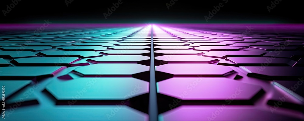 Poster Minimal symmetry idea. Futuristic hexagonal patterns illuminated with vibrant neon lights.