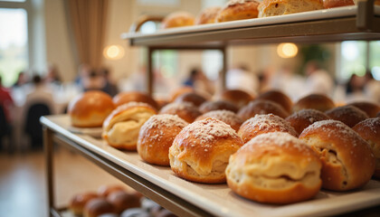 Assorted pastries displayed on dessert cart at event venue, celebration