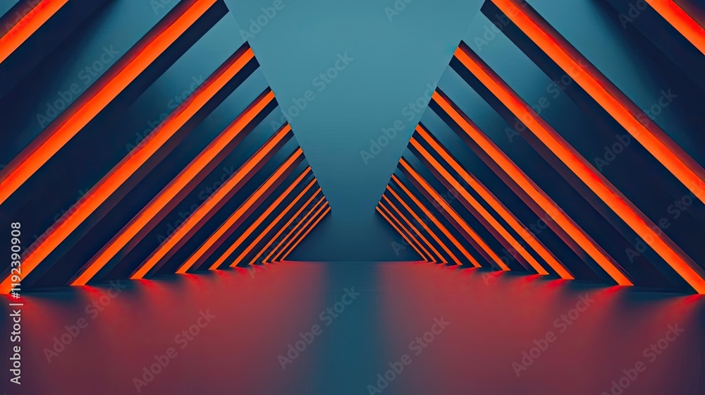 Poster Minimal symmetry idea. Abstract geometric shapes and neon lights create a modern digital art space.