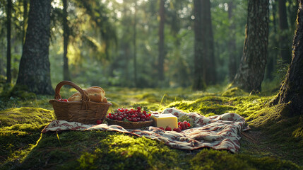 Obraz premium A picnic blanket spread out on moss, with a basket filled with fresh berries, cheese, and bread. Towering trees surround the scene, featuring earthy greens, browns, and reds for a rustic atmosphere.