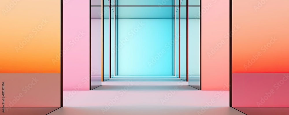 Poster symmetry gradient concept. a vibrant digital corridor of colored light and reflections inviting expl