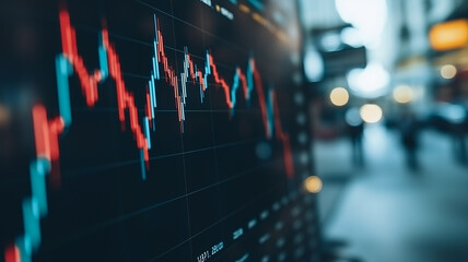 Market Fluctuations: A close-up shot of a stock market ticker displaying fluctuating lines in red and green, symbolizing the dynamic nature of finance and investment.