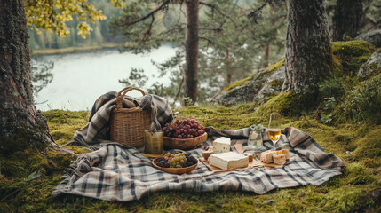 A picnic blanket spread out on moss, with a basket filled with fresh berries, cheese, and bread. Towering trees surround the scene, featuring earthy greens, browns, and reds for a rustic atmosphere.