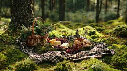 Obraz premium A picnic blanket spread out on moss, with a basket filled with fresh berries, cheese, and bread. Towering trees surround the scene, featuring earthy greens, browns, and reds for a rustic atmosphere.