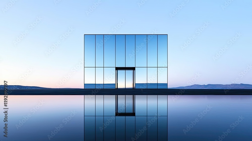 Poster minimal symmetry idea. modern architectural design featuring a glass structure reflecting serene wat
