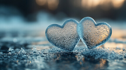 Fototapeta premium Hearts made of ice placed together on a reflective surface for Valentine's Day