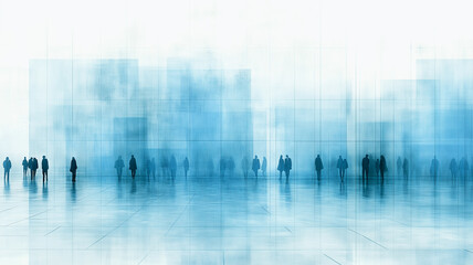 Obraz premium Blurred Cityscape: Silhouettes of people blend into a misty, blue-toned cityscape, creating an ethereal and abstract composition that speaks to urban life and the anonymity of a bustling crowd. 