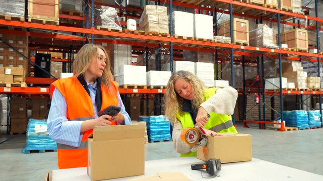 Warehouse workers scanning and packing boxes