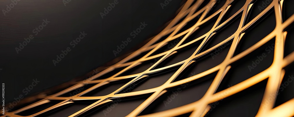Aufkleber minimal symmetry idea. a close-up view of an intricate golden wire mesh design on a dark background.
