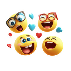 Happy emoji faces expressing various emotions with hearts. These cheerful symbols convey joy, love, and excitement, perfect for conveying positive feelings in digital communication
