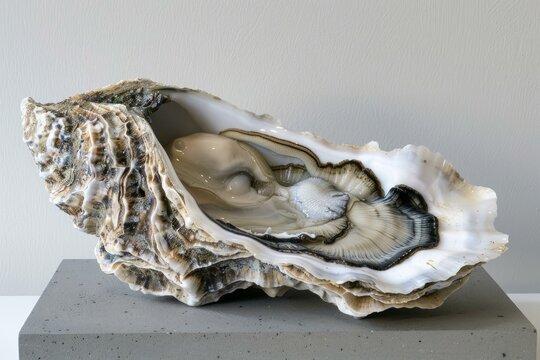 Opened oyster shell reveals its complex and beautiful interior, highlighting the textures and colors of nature