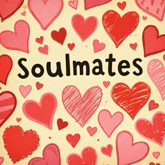 "Soulmates" in bold black font, surrounded by doodled red and pink hearts.