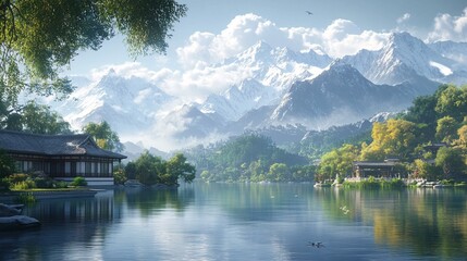 Obraz premium A realistic 3D landscape rendering of a serene mountain range with snow-capped peaks, a crystal-clear lake, and lush green forests.