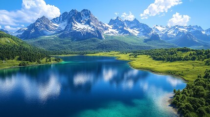 Obraz premium A realistic 3D landscape rendering of a serene mountain range with snow-capped peaks, a crystal-clear lake, and lush green forests.