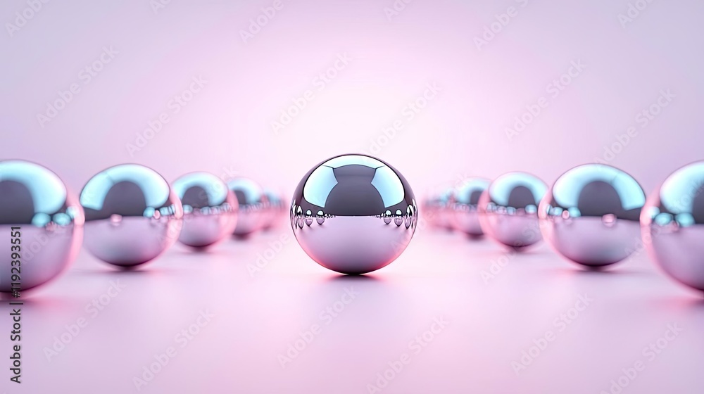 Poster Symmetry gradient concept. A collection of reflective spheres arranged in an appealing design on a soft background.
