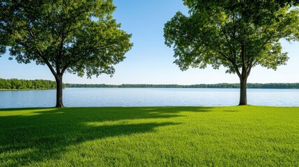 Fototapeta premium Minimal symmetry idea. Serene lake view with lush greenery and clear skies, perfect for nature enthusiasts.