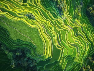 Aerial view of terraced rice fields in a mountainous region. Featuring vibrant green rice paddies. Showcasing the beauty and ingenuity of traditional agriculture. Ideal for travel and cultural themes.