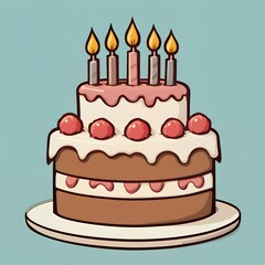 Cute cartoon birthday cake with candles and cherries.