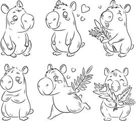 Vector illustration of capybaras, different poses, coloring, doodles, line, vector