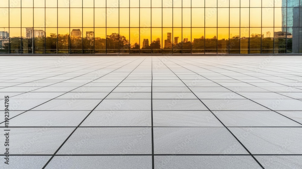 Poster minimal symmetry idea. modern architectural design featuring a reflective facade at sunset.
