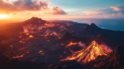 Naklejka premium Majestic volcanic landscape captured at sunset. Vibrant orange and red lava reveals the raw power of nature. Explore the beauty of volcanic formations. Generative AI