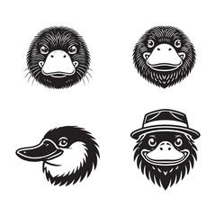 High-Quality Four Set of Monochrome Vector Silhouettes of the Platypus Face