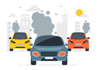 Car Air Pollution Vector Illustration featuring a Polluted Urban Environment, Vehicle Traffic, and Toxic Emissions from Automobiles and Transportation