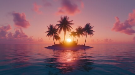 Serene Tropical Island Sunset with Palm Trees and Tranquil Sea