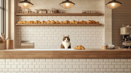 Cozy Minimalist Bakery Interior Featuring Cat and Croissants