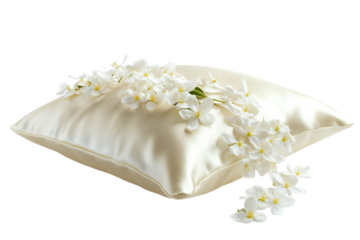 A delicate satin pillow adorned with fresh white blossoms, capturing serene beauty in natural light