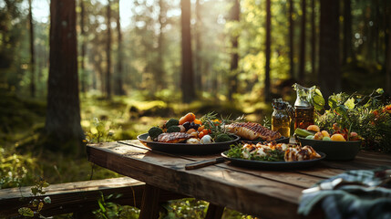 A rustic wooden table amidst forest trees, showcasing a platter of roasted vegetables and grilled fish. The earthy browns, greens, and oranges of the food and surroundings create a natural