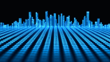 Abstract Blue Digital Landscape: A mesmerizing digital landscape of glowing blue bars against a deep black background, evoking feelings of technology, energy, and the future.