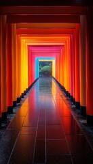 Colorful illuminated shrine gate tunnel at night with garden view