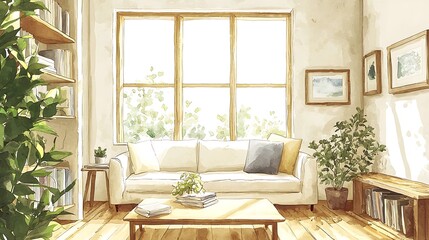 Watercolor Illustration of a Cozy Living Room with a Comfortable Sofa, Bookshelves, and Abundant Sunlight Streaming Through a Large Window.