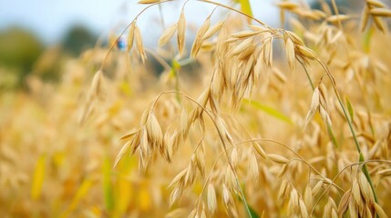 Obraz premium Golden light illuminates an oat field in the morning, capturing the essence of nature's beauty during golden hour